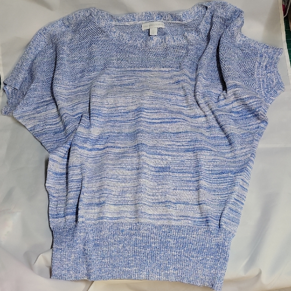 New York & Company Light Blue And White Knit Short Sleeve Slouch Sweater